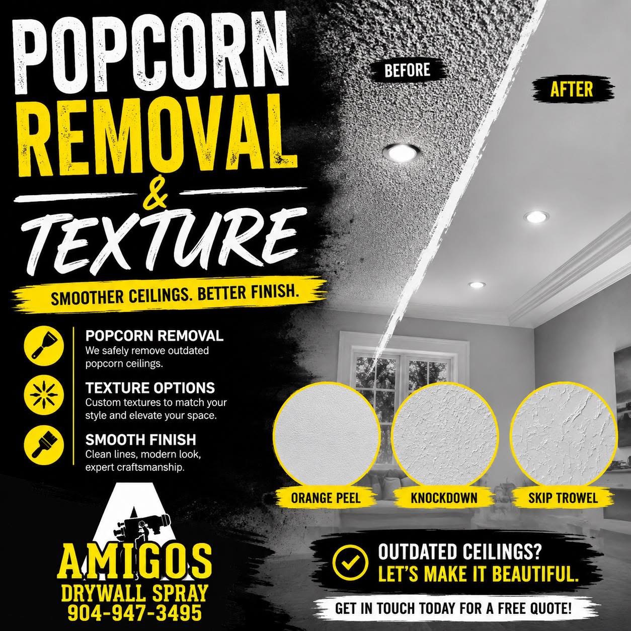 Popcorn ceiling removal and texture options: orange peel, knockdown, skip trowel