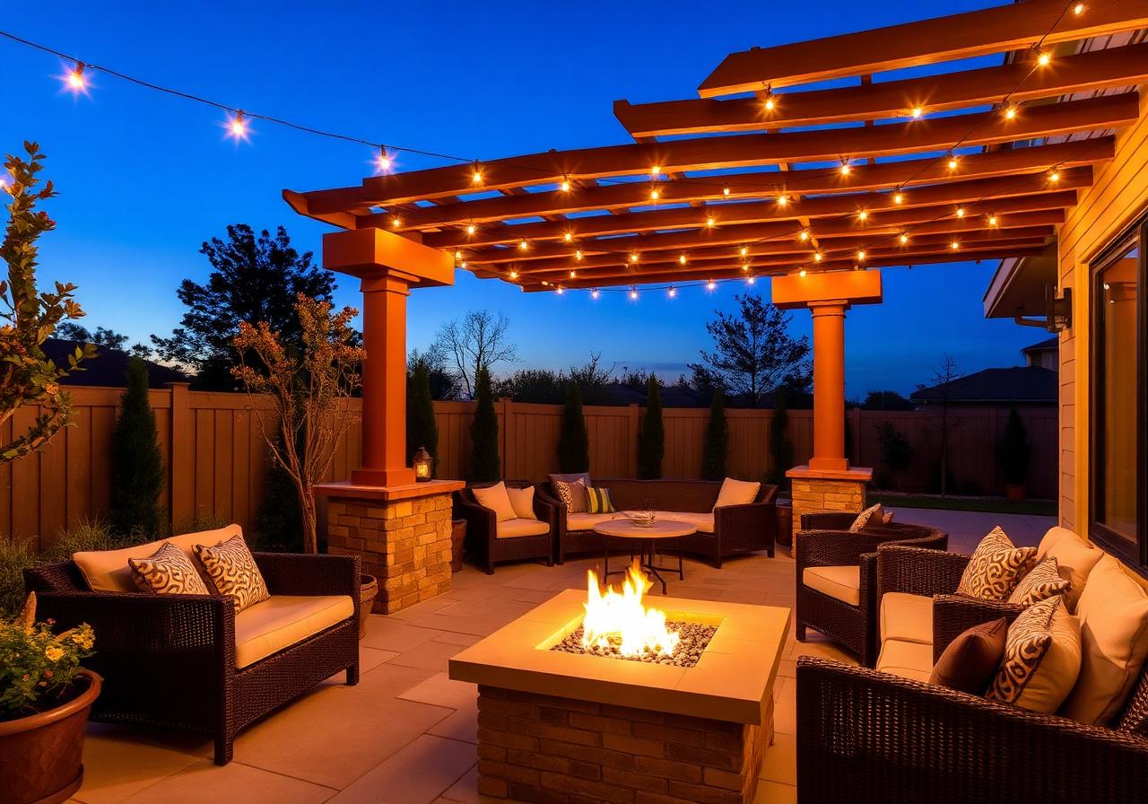 Luxury patio with pergola and fire pit